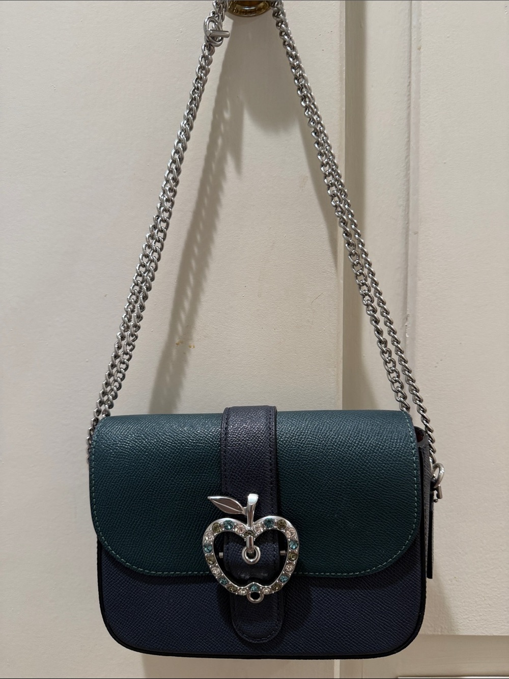 Coach Two-Tone Green and Navy Crossbody with Crystal Apple Accent